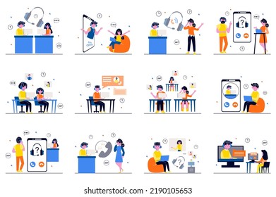 Call center concept with tiny people scenes set in flat design. Bundle of men and women operators answer calls, consult customers online, tech support and solve problems. Vector illustration for web