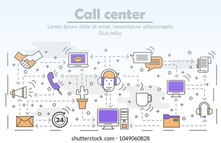 Ilustración vectorial del concepto del centro de llamadas. Moderno diseño de estilo plano de arte delgado para banners de sitios web y materiales impresos.