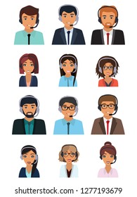 Call center consultants with headphones. Online support service assistants. Customer service icon. Flat style. Vector illustration. 