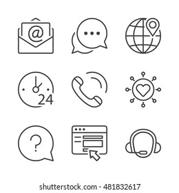 call center, contact icons set, thin line, black color