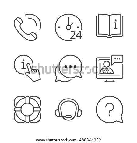 call center, contact and support icons set, thin line, black color