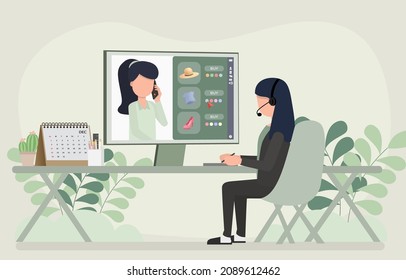 Call center coordinator between customers and the company's products. Help and advise customers on products. Work from home concept. EPS10 vector illustration.