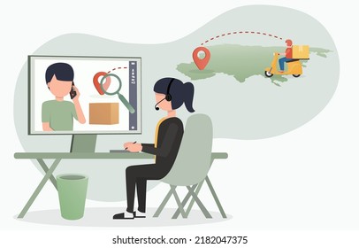 Call center coordinator between customers and the company's products. Help tracking customers' products. Inform the delivery location. Work from home concept. EPS10 vector illustration.