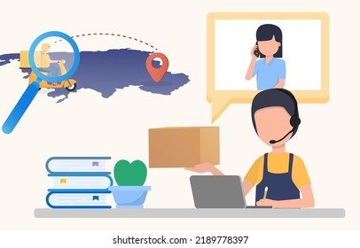 Call center coordinator between customers and the company's products. Help tracking customers' products. Searching location delivery man. EPS10 vector illustration.
