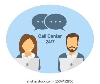 Call Center. Costumer Support Service. Male And Female Call Center Avatars. Vector Illustration In Flat Style.