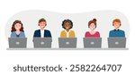 Call center customer care operators with headsets at the desk. Customer support service agents, men and women, talking with clients. Contact center assistants.