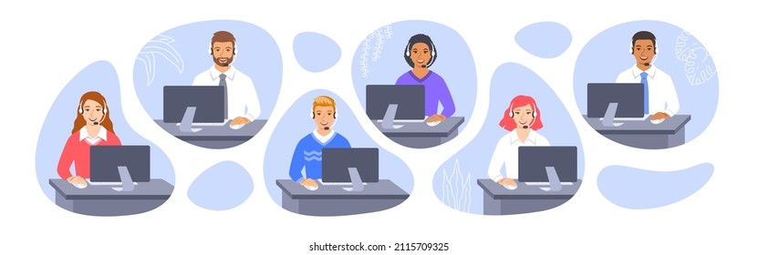 Call center customer care operators with headsets at the desks. Flat vector illustration. Friendly customer support service agents, men and women, talking with clients. Contact center assistants