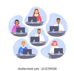 Call center customer care operators with headsets at the desks. Flat vector illustration. Friendly customer support service agents, men and women, talking with clients. Contact center assistants