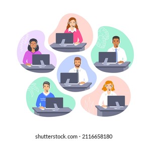 Los operadores de atención al cliente del centro de llamadas con auriculares en los escritorios. Ilustración vectorial plana. Agentes de servicio de atención al cliente, hombres y mujeres, que hablan con los clientes. Auxiliares del centro de contacto