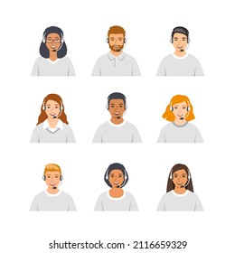 Call center customer care operators with headsets, flat vector icons. Customer support service agents avatars, men and women. Friendly faces for online chat banner. Contact centre assistants