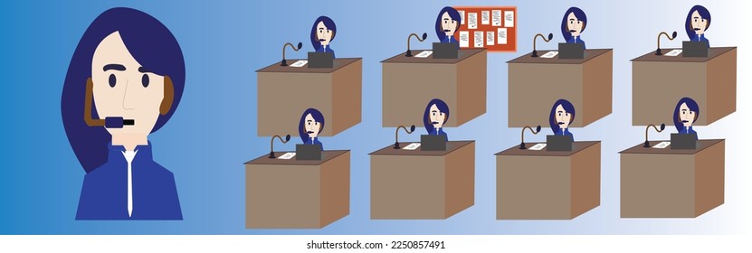 Call center customer care  service stuff. Office room and stuff cartoon style Illustration .