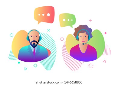 Call center customer online help service icon set. Male and female online assistant working in headphones and speech bubbles. Support character gradient vector illustration
