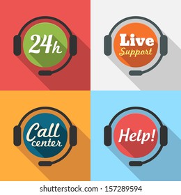Call Center / Customer Service / 24 hours Support Flat Icon set for App / Web / UI / Button / Interface design