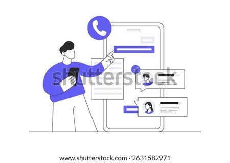 Call center. Customer service 24 hours, man assistant response. Hotline, online technical support. Flat Cartoon Vector Illustration, icon. Stylish abstract design landing page