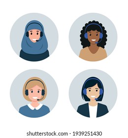 Call center or Customer Service avatars. Female characters of different nationalities in headphones. Help, Support and Contact service icons vector illustration.