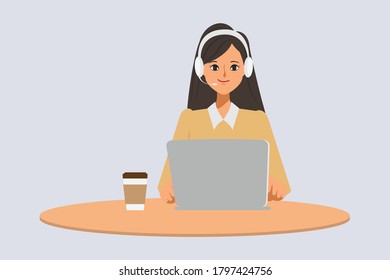 Call center or customer service of businessman character pose with a laptop and headset phone.	