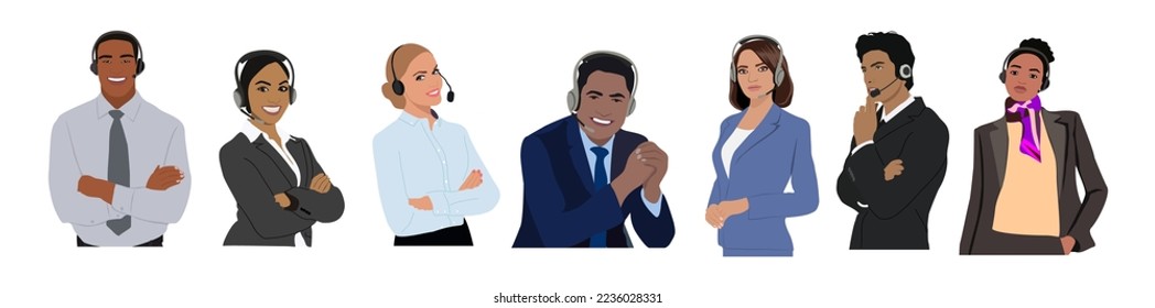 Call center, customer service flat vector illustrations. Smiling office workers with headsets cartoon characters. Hotline support department staff, telemarketing agents. Multiethnic, diverse team.