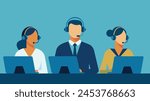 Call center customer service hotline operators flat vector illustration.