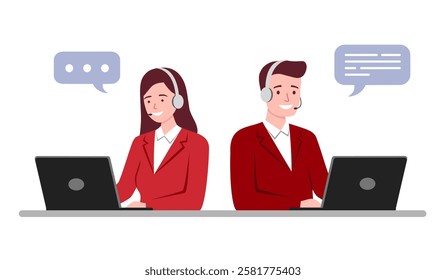 Call center customer service hotline operators in flat design on white background vector illustration.