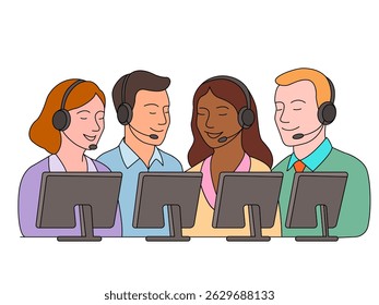 Call center customer service hotline operators. flat vector linear illustration isolated on white background