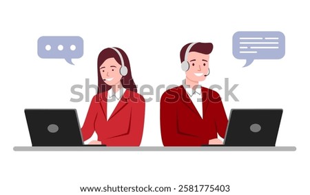 Call center customer service hotline operators in flat design on white background vector illustration.