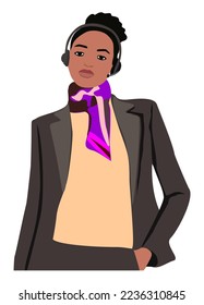 Call center, customer service representative flat vector illustration. Attractive black woman with headset. Hotline support department staff, telemarketing agent. Isolated on white background.