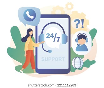 Call center. Customer service in smartphone app. Online support 24-7 concept. Hotline operator in headset consults client. Modern flat cartoon style. Vector illustration on white background