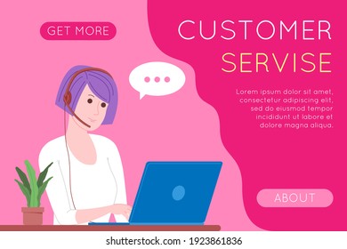 Call center, customer service, support and assistance landing page. Hotline woman operator with headsets and laptop. Concept of telemarketing and consultation. Cartoon vector illustration.