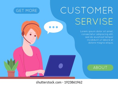 Call center, customer service, support and assistance landing page. Hotline woman operator with headsets and laptop. Concept of telemarketing and consultation. Cartoon vector illustration.