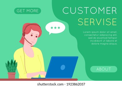Call center, customer service, support and assistance landing page. Hotline woman operator with headsets and laptop. Concept of telemarketing and consultation. Cartoon vector illustration.