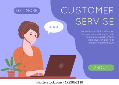 Call center, customer service, support and assistance landing page. Hotline woman operator with headsets and laptop. Concept of telemarketing and consultation. Cartoon vector illustration.