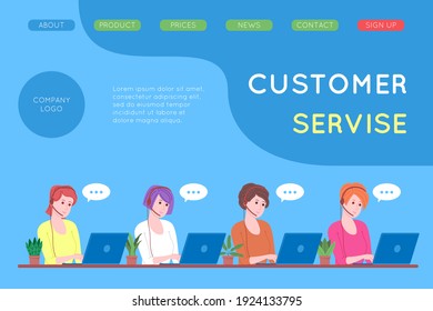 Call center, customer service, support and assistance landing page. Hotline woman operator with headsets and laptop. Concept of telemarketing and consultation. Cartoon vector illustration.