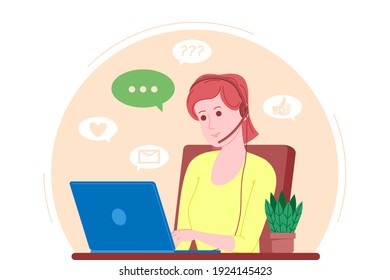 Call center, customer service, support and assistance landing page. Hotline woman operator with headsets and laptop. Concept of telemarketing and consultation. Cartoon vector illustration.