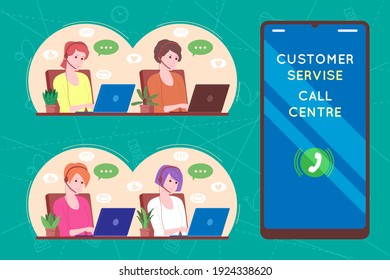 Centro de llamadas, servicio al cliente, página de inicio de asistencia y asistencia. Operadora de línea directa con auriculares y ordenador portátil. Concepto de telemarketing y consulta. Ilustración vectorial de dibujos animados.
