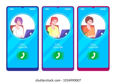 Call center, customer service, support and assistance concept. Call to hotline woman operator with headsets and laptop. Concept of telemarketing and consultation. Cartoon vector illustration.