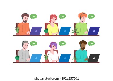 Call center, customer service, support and assistance landing page. Hotline man and woman operator with headsets and laptop. Concept of telemarketing and consultation. Cartoon vector illustration.