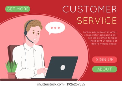 Call center, customer service, support and assistance landing page. Hotline man operator with headsets and laptop. Concept of telemarketing and consultation. Cartoon vector illustration.