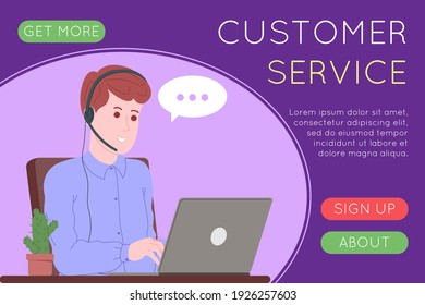 Call Center, Kundenservice, Support und Support-Landing-Seite. Hotline-Bediener mit Headsets und Laptop. Konzept der Telemarketing und Beratung. Cartoon, Vektorgrafik.