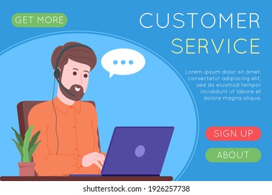 Call center, customer service, support and assistance landing page. Hotline man operator with headsets and laptop. Concept of telemarketing and consultation. Cartoon vector illustration.