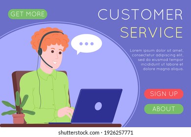 Call center, customer service, support and assistance landing page. Hotline man operator with headsets and laptop. Concept of telemarketing and consultation. Cartoon vector illustration.