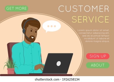 Centro de llamadas, servicio al cliente, página de inicio de asistencia y asistencia. Operador de línea directa con auriculares y portátil. Concepto de telemarketing y consulta. Ilustración vectorial de dibujos animados.