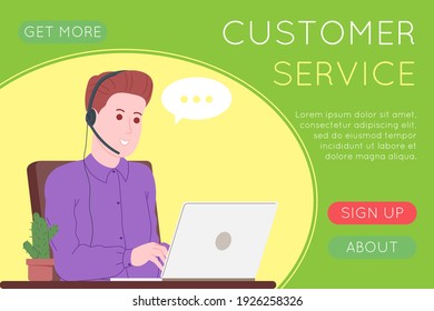 Call Center, Kundenservice, Support und Support-Landing-Seite. Hotline-Bediener mit Headsets und Laptop. Konzept der Telemarketing und Beratung. Cartoon, Vektorgrafik.