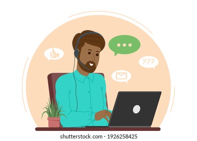 Call center, customer service, support and assistance landing page. Hotline man operator with headsets and laptop. Concept of telemarketing and consultation. Cartoon vector illustration.