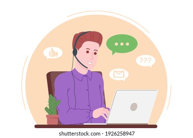 Centro de llamadas, servicio al cliente, página de inicio de asistencia y asistencia. Operador de línea directa con auriculares y portátil. Concepto de telemarketing y consulta. Ilustración vectorial de dibujos animados.