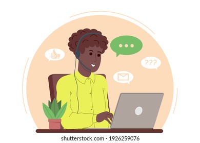 Call center, customer service, support and assistance landing page. Hotline man operator with headsets and laptop. Concept of telemarketing and consultation. Cartoon vector illustration.