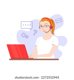 Centro de llamadas, servicio al cliente, página de inicio de asistencia y asistencia. Operadora de línea directa con auriculares y ordenador portátil. Concepto de telemarketing y consulta. Ilustración vectorial de dibujos animados.