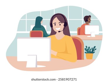 Call center, customer service team working in office. Smiling female operator with headset in the foreground, with diverse colleagues in the background. Vector illustration of work in call center.