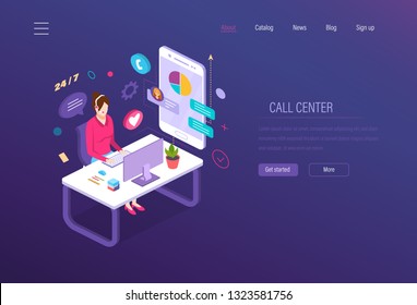 Call Center. Customer Service, Technical Support, Helpline Operator Engaged Consultation Of Clients. Help Desk, Support Service Help Assistance, Online Support Manager Isometric Vector.