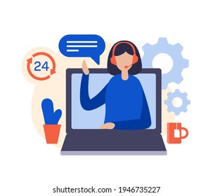 Call center. Customer support 24 7. Female cartoon character with headset talking. Laptop with support operator offering help. FLat vector illustration