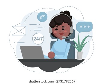 Call Center Customer Support Agent With Headset, Chat and Email Icons, 24 to 7 Service Flat Vector Illustration